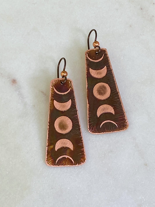Acid etched copper moon phase earrings