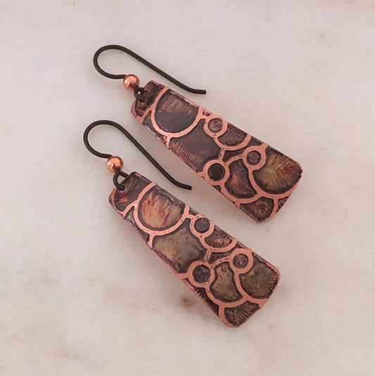 Acid etched copper irregular rectangle earrings