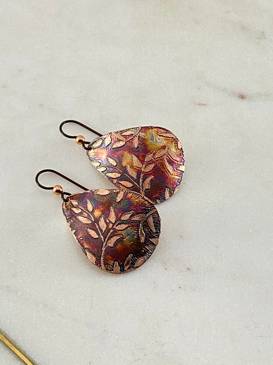 Acid etched copper medium leaf teardrop earring