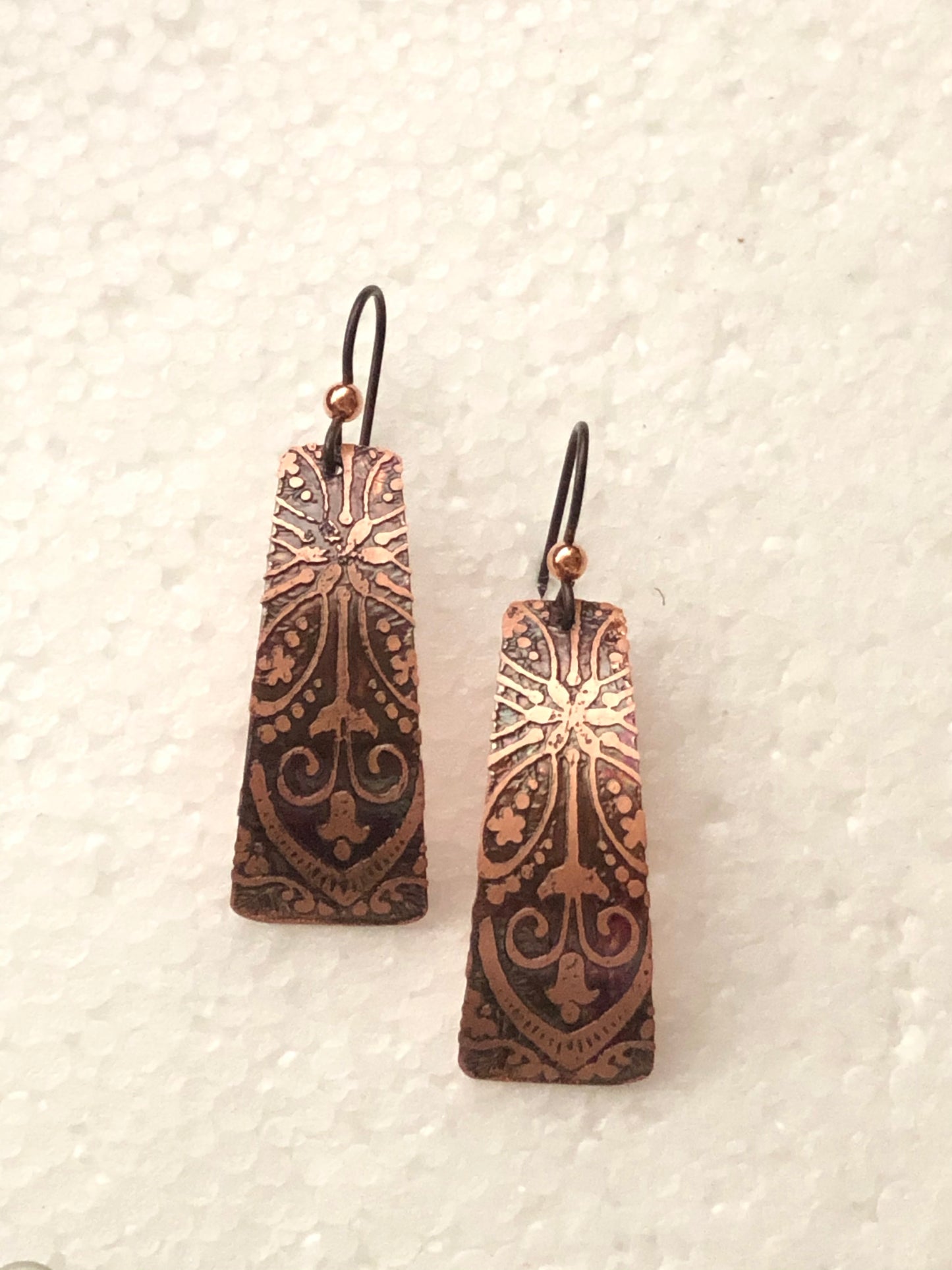 Acid etched copper irregular rectangle earrings