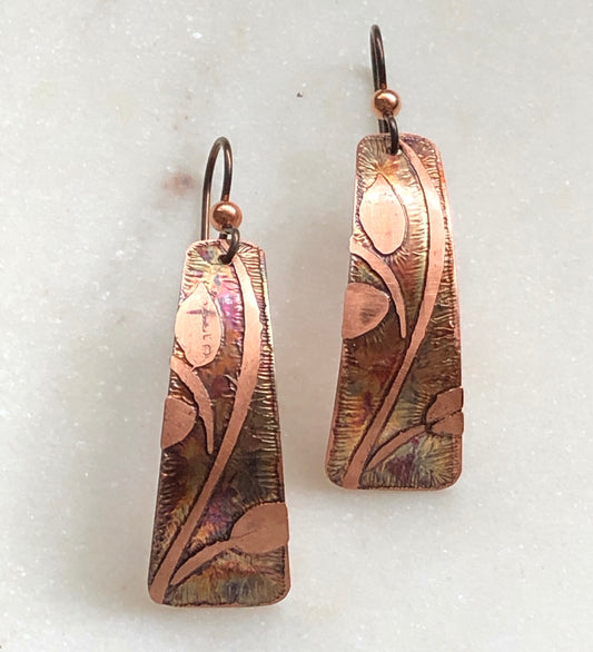 Acid etched copper irregular rectangle earrings