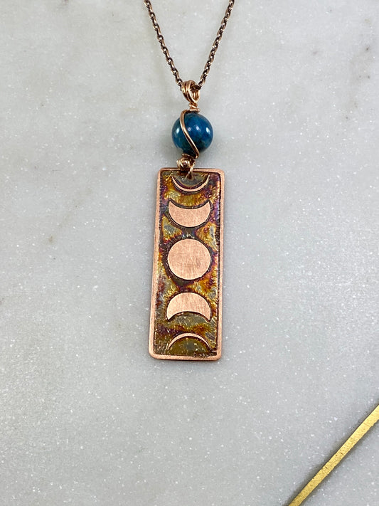 Acid etched copper moon phase necklace with apatite