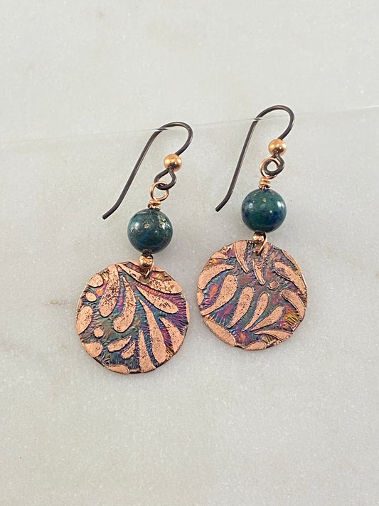Acid etched copper earrings with chrysocalla