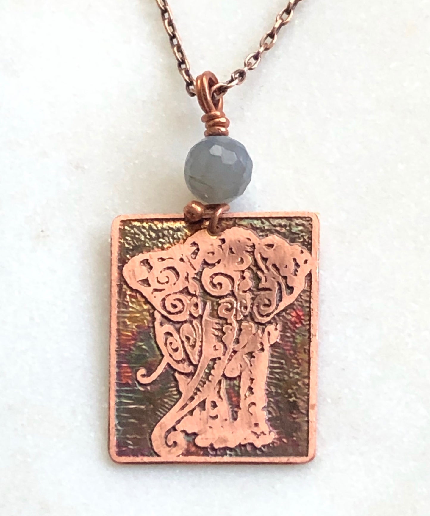 Acid etched copper elephant necklace with agate gemstone