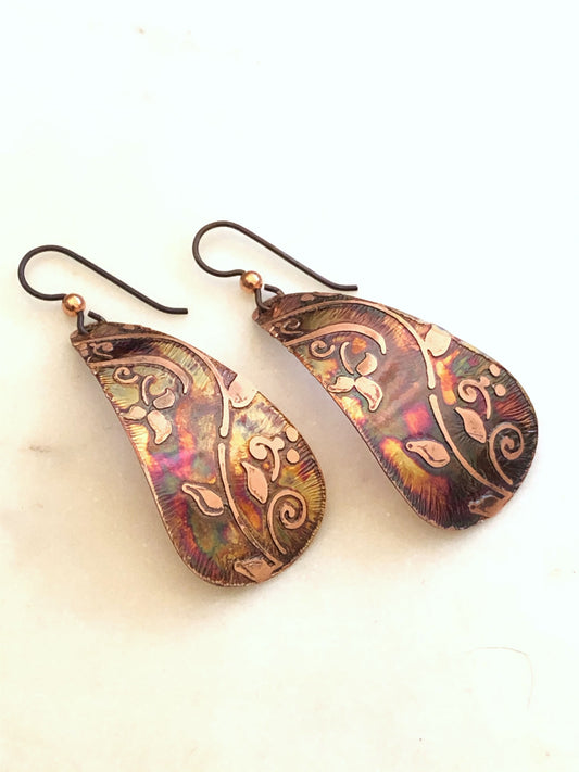 Acid etched copper large teardrop earrings