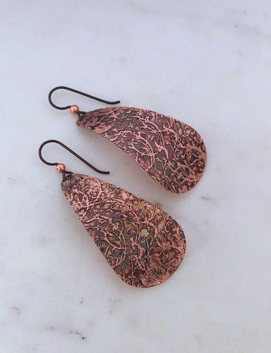 Acid etched large copper teardrop earrings