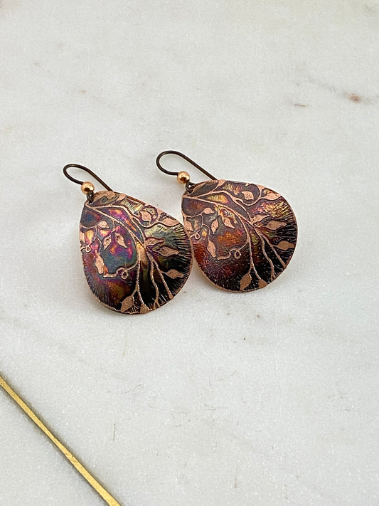 Acid etched copper leaf medium teardrop earrings