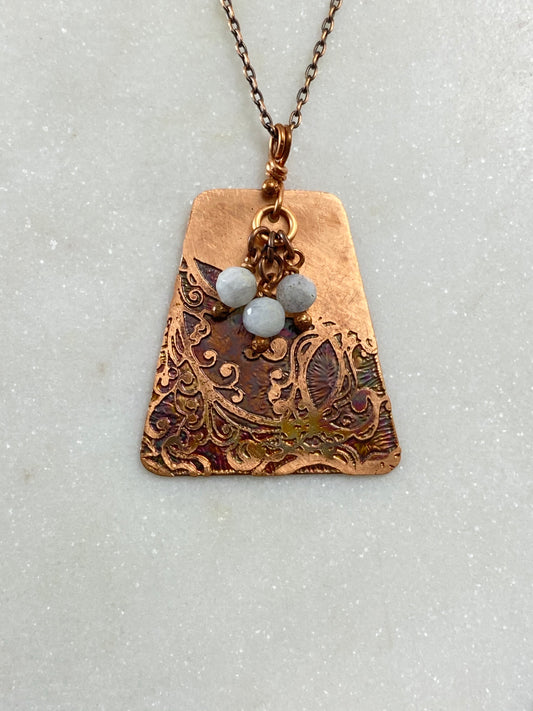 Acid etched copper swirl necklace with moonstone