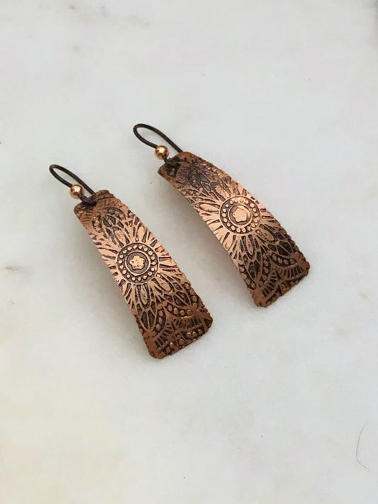 Acid etched copper irregular rectangle earrings
