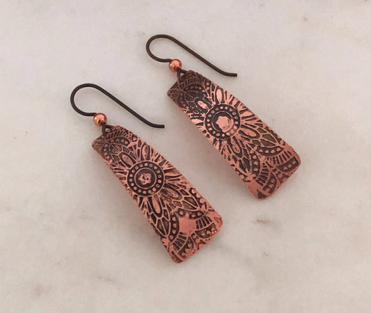 Acid etched copper irregular rectangle earrings