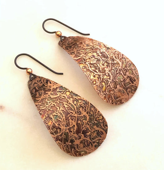 Acid etched copper large teardrop earrings