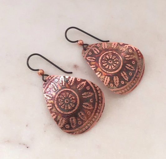 Acid etched copper medium teardrop earrings