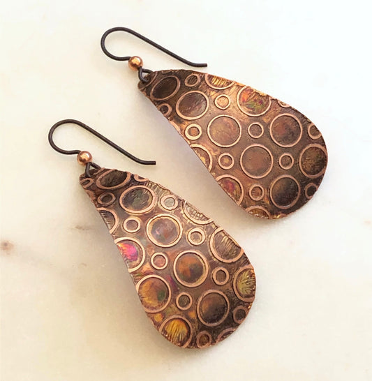 Acid etched copper large teardrop earrings