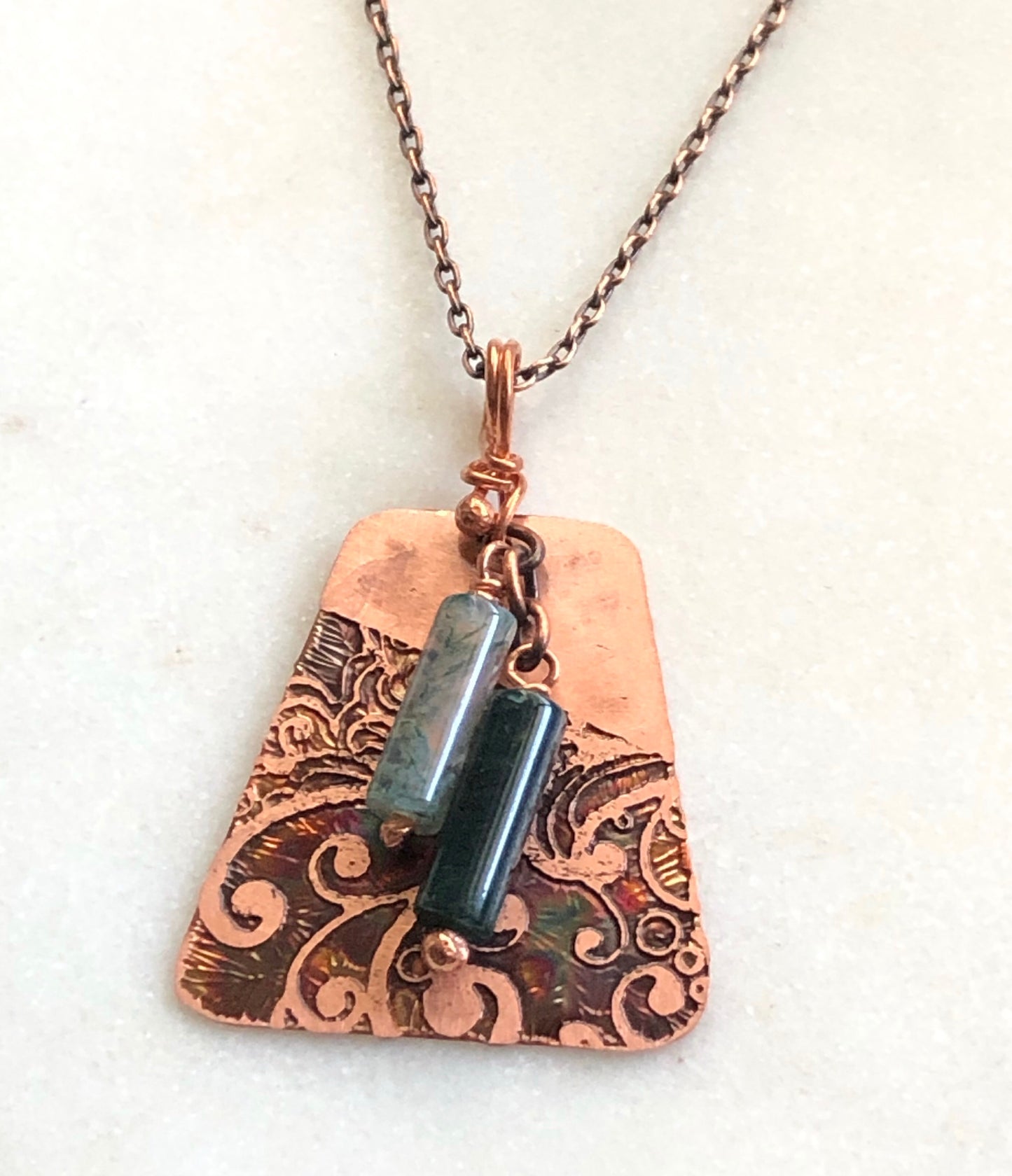 Acid etched copper swirl necklace with moss agate