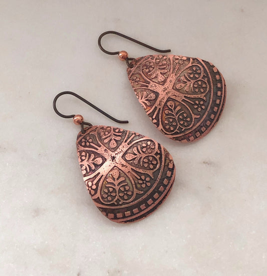 Acid etched copper medium teardrop earrings