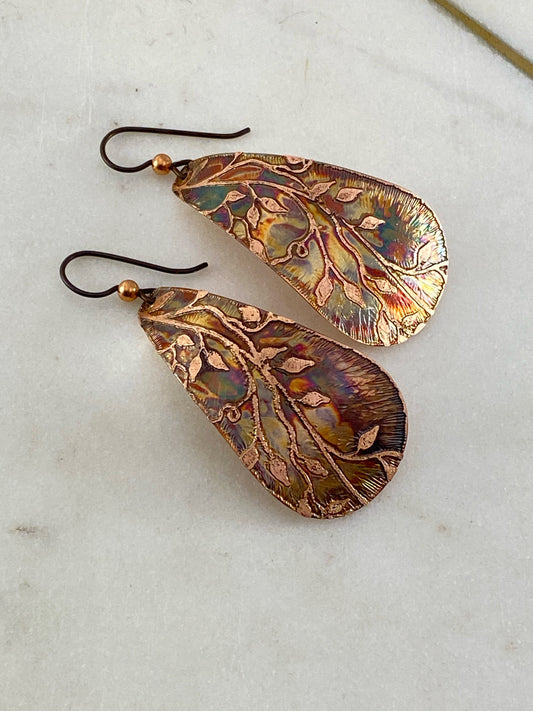 Acid etched copper teardrop earrings