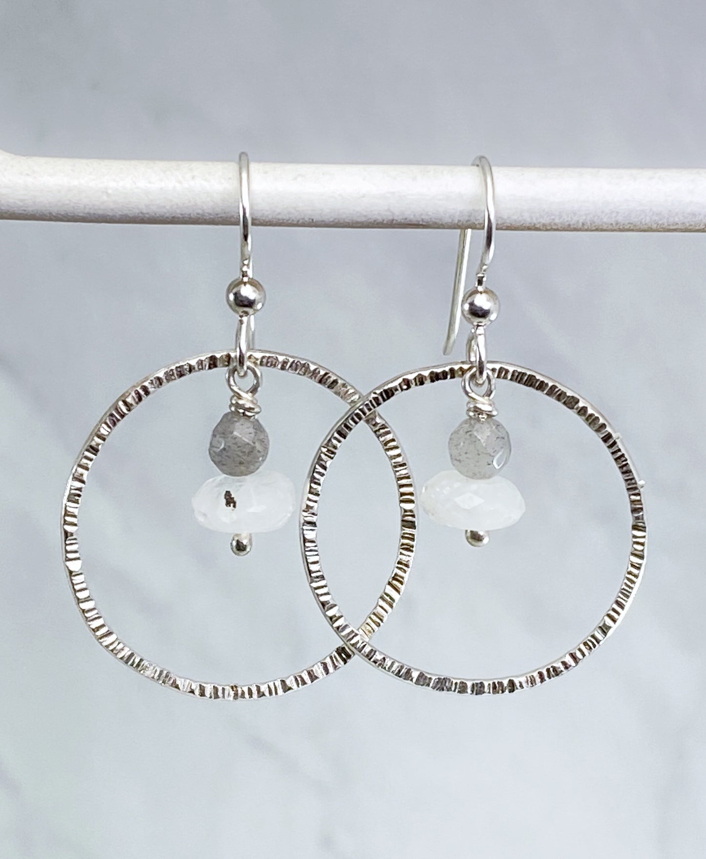 Sterling silver hoop earrings with moonstone and labradorite