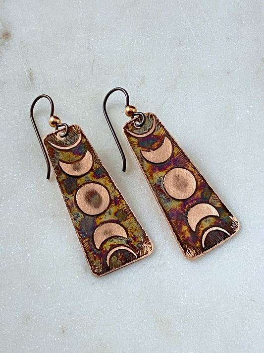 Acid etched copper moon phase earrings
