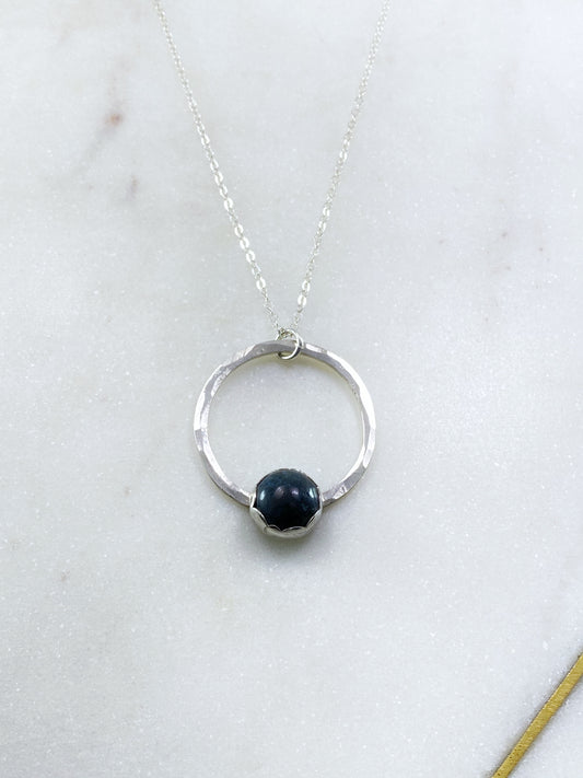 Sterling silver forged and stone set necklace with moss agate