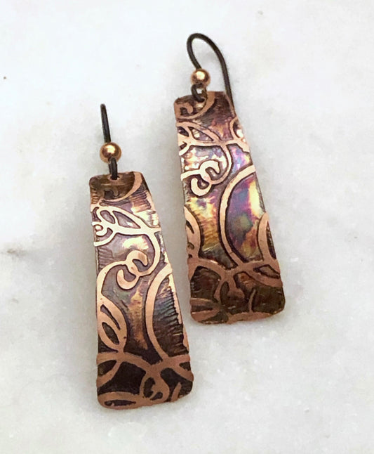 Acid etched copper irregular rectangle earrings