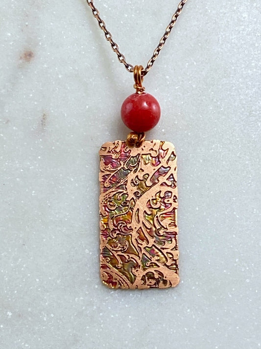 Acid etched copper swirl necklace with coral