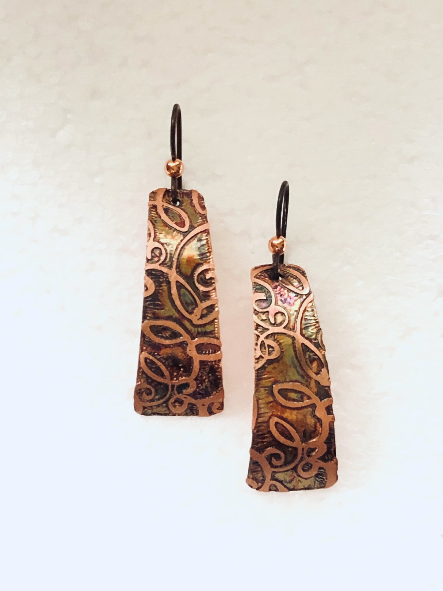 Acid etched copper irregular rectangle earrings