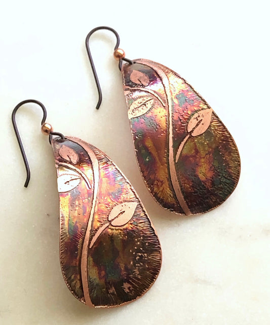 Acid etched copper large teardrop earrings