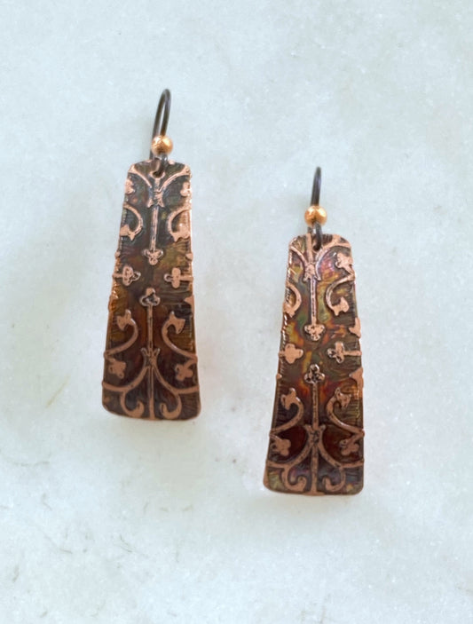 Acid etched copper irregular rectangle earrings