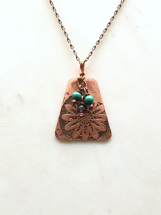 Acid etched copper mandala necklace with amethyst and turquoise