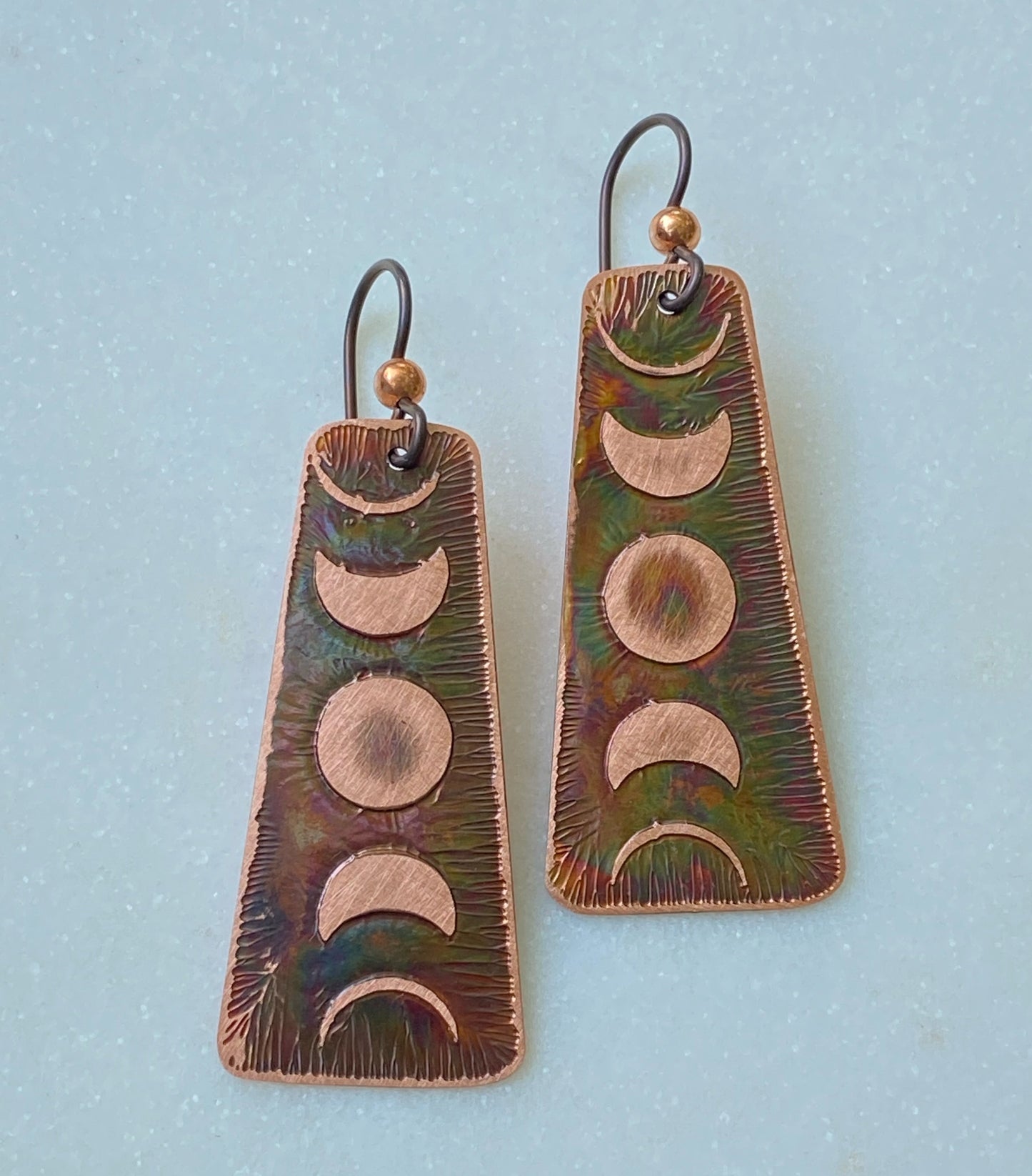 Acid etched copper moon earrings