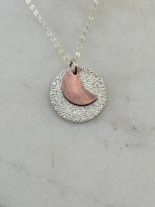 Sterling and copper moon necklace