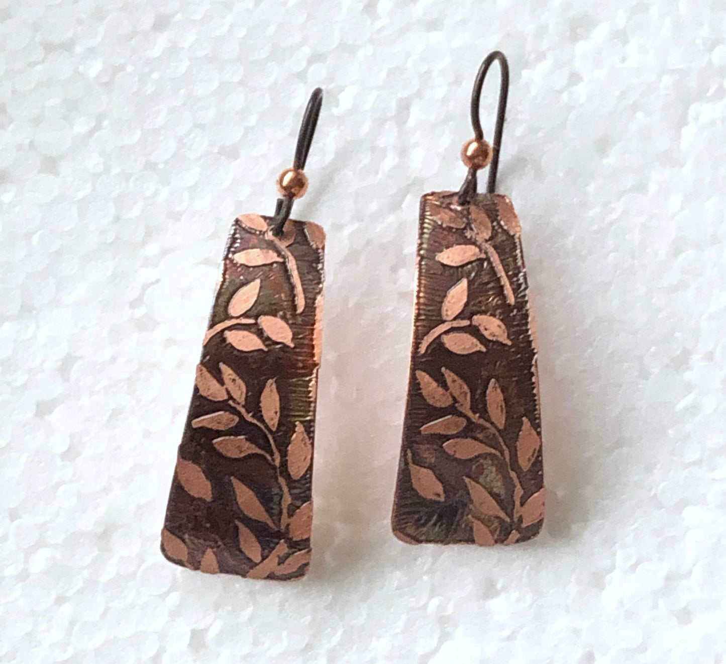 Acid etched copper irregular rectangle earrings
