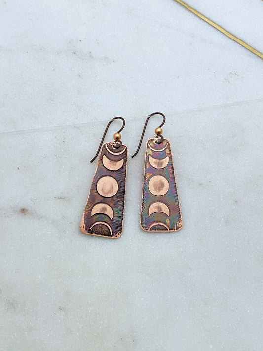 Acid etched copper moon phase earrings