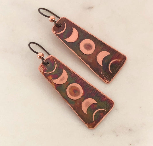 Acid etched copper moon phase earrings