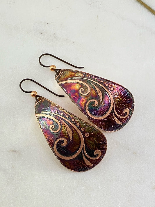 Acid etched copper teardrop earrings