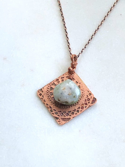 Acid etched copper mandala necklace with chrysoprase
