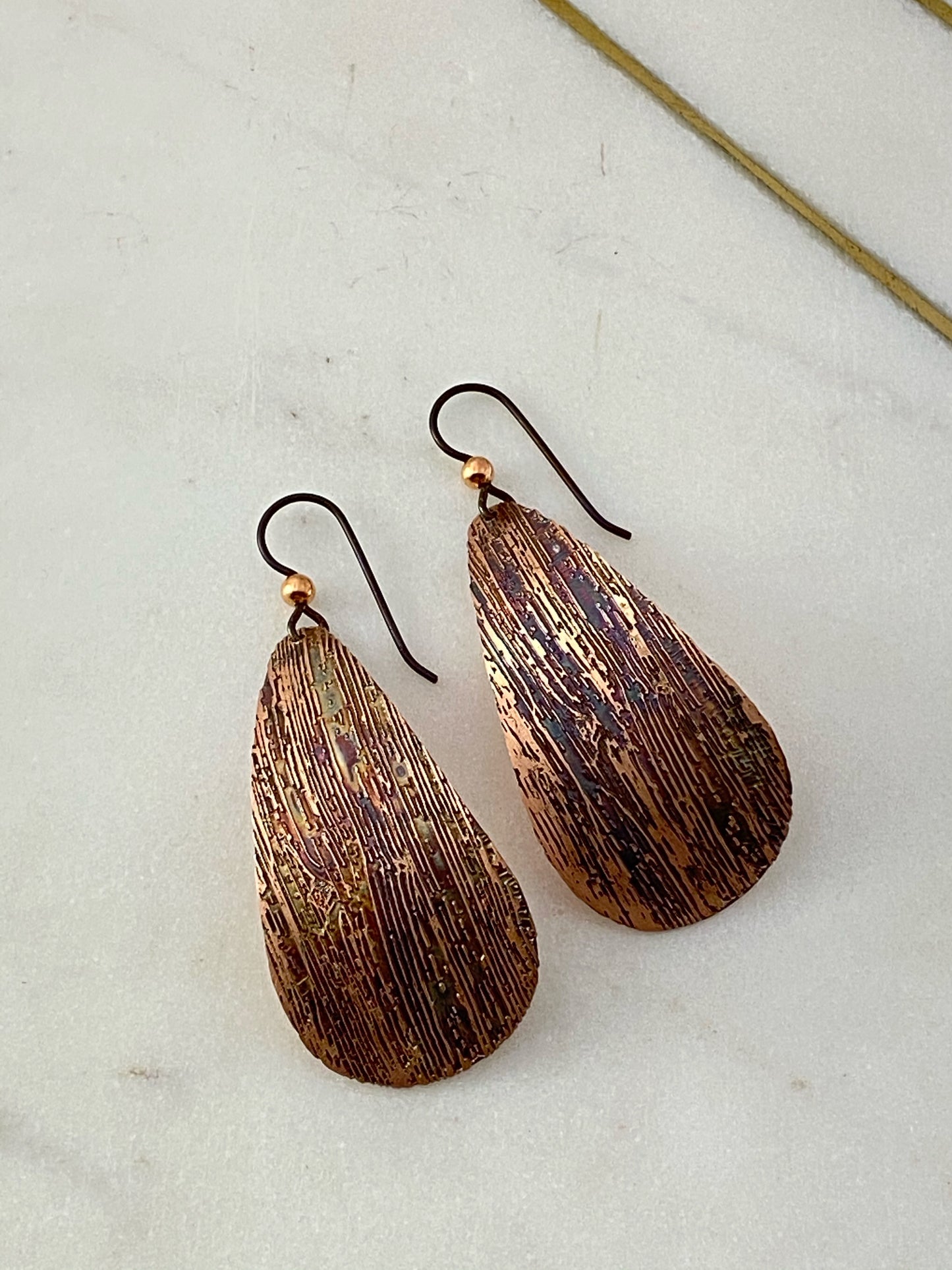 Acid etched copper teardrop earrings