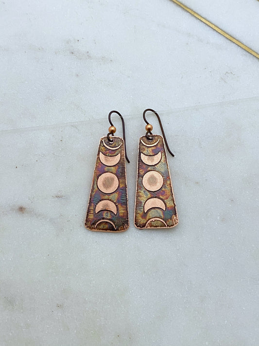Acid etched copper moon phase earrings