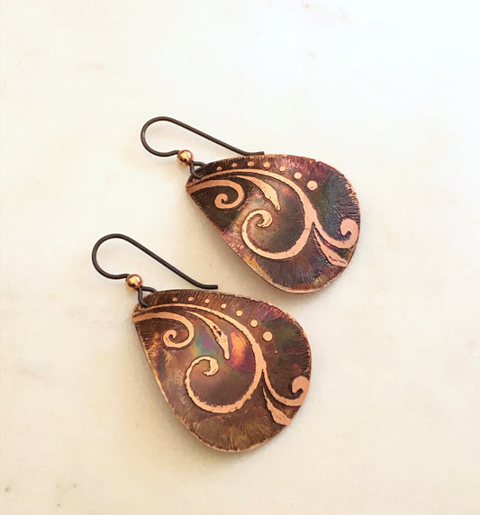 Acid etched copper medium teardrop earrings