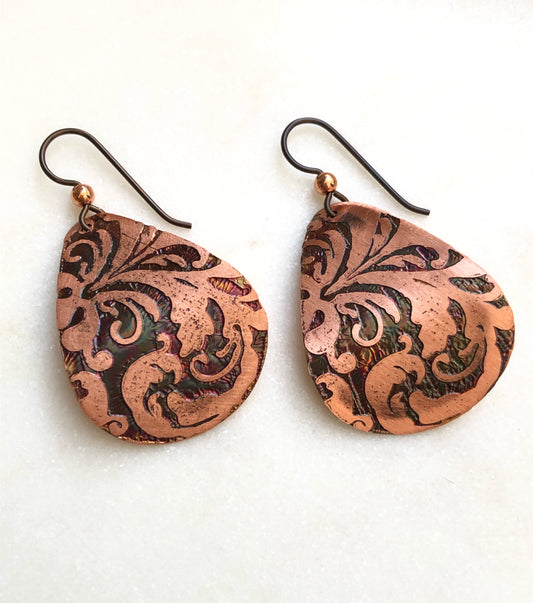Acid etched copper medium teardrop earrings