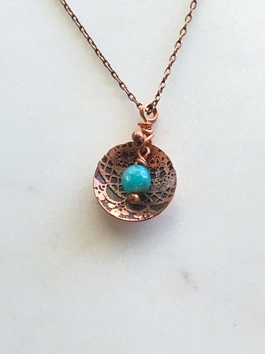 Acid etched copper mandala dish necklace with amazonite