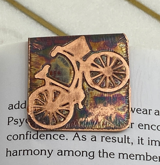 Acid etched copper bicycle bookmark