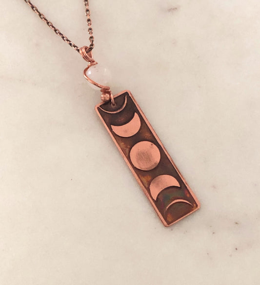 Acid etched copper moon phase necklace with moonstone