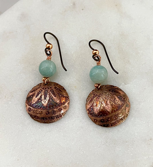 Acid etched copper earrings with amazonite gemstones