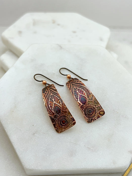 Acid etched copper irregular rectangle earrings