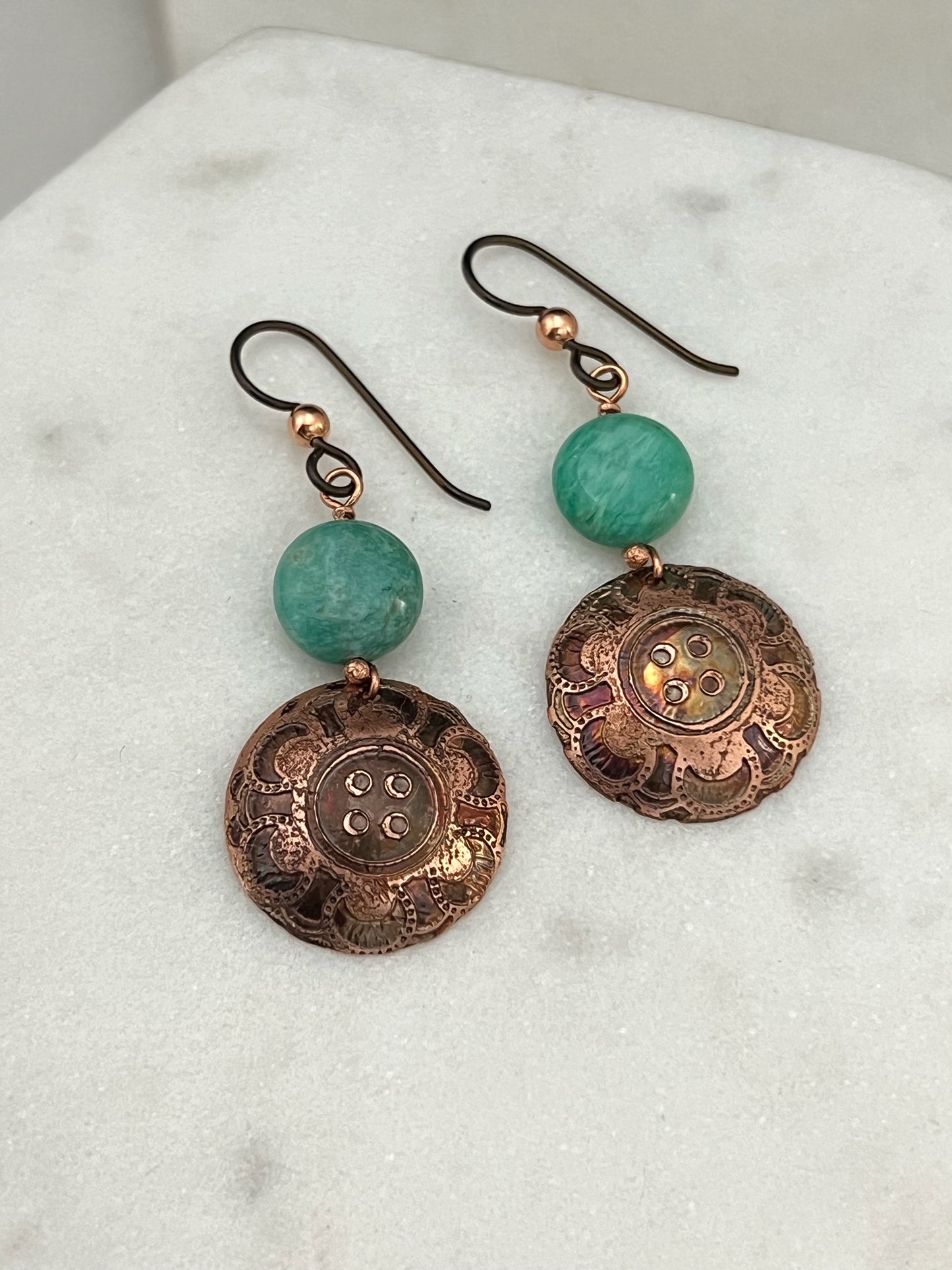 Acid etched copper earrings with amazonite gemstones