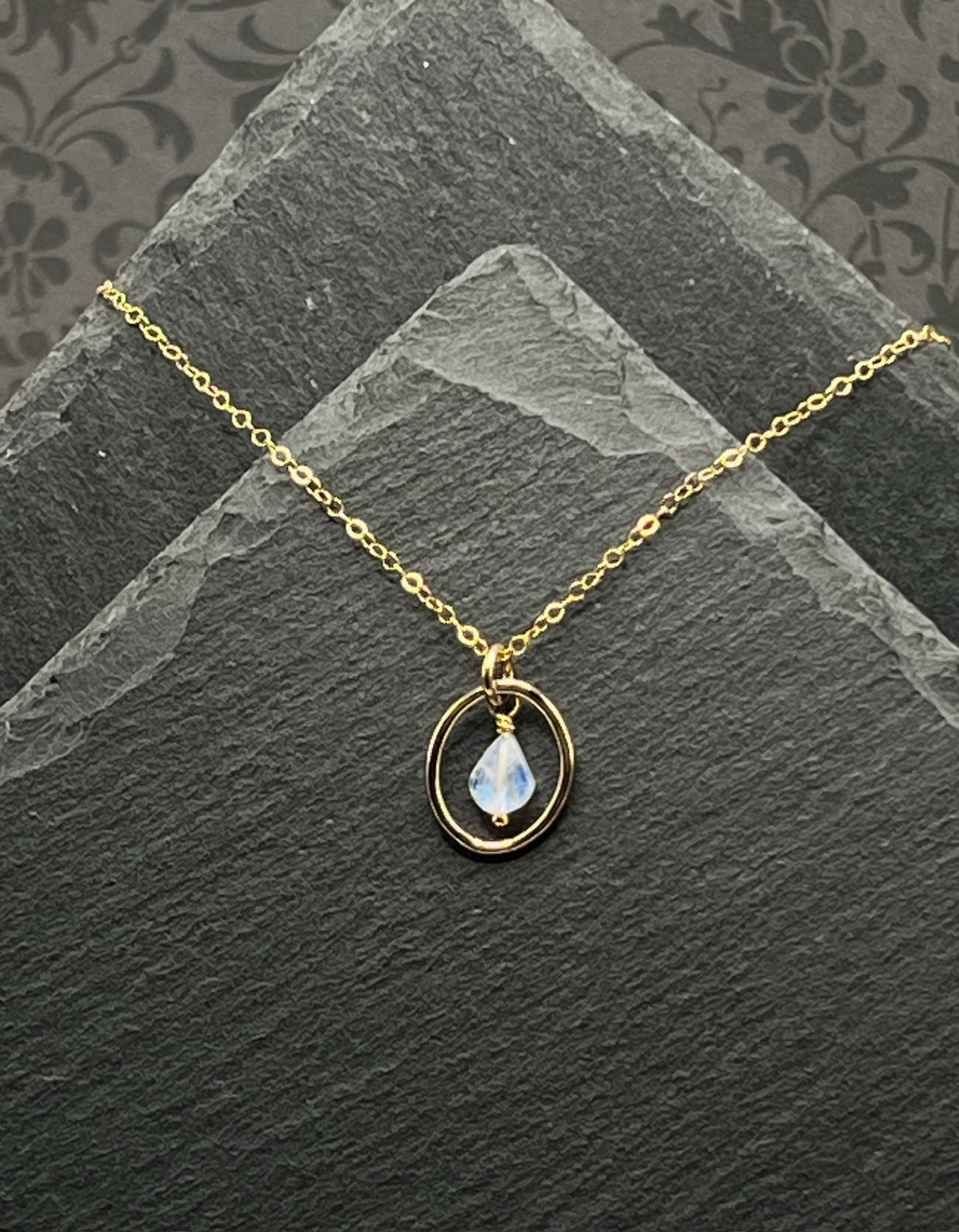 14K Gold and rainbow moonstone necklace