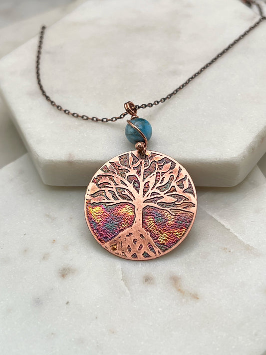 Copper and apatite rooted tree necklace