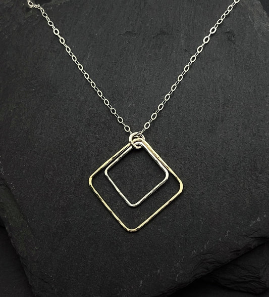 Forged sterling silver and 14 karat gold square necklace