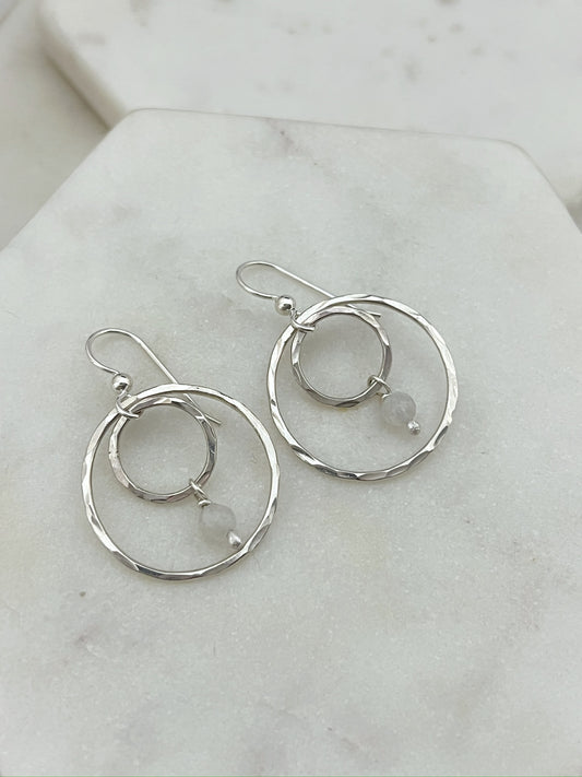 Sterling silver double hoop earrings with moonstone gemstones